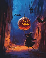 A witch is holding a pumpkin lantern in a dark alleyway