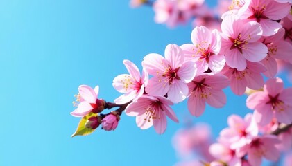 Pink cherry blossoms heavy on branch, vibrant blue sky backdrop, bloom, floral design, background