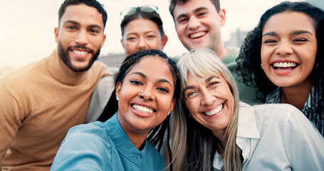 Memories, selfie and smile of business people in city together for collaboration, unity or solidarity. Creative, friends and social media with employee group outdoor in urban town for design career