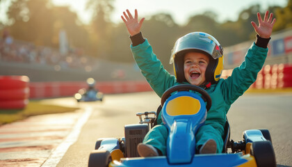 Happy child racer in a go-kart on track with raised hands. Joyful kid in karting competition, wearing helmet. Motorsport race with family, active childhood, kid having fun. Outdoor sport activity.