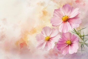Delicate pink cosmos flowers on a soft watercolor background.