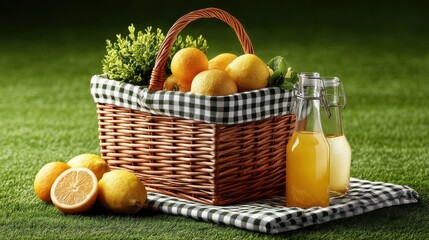 Family summer picnic setup with checkered blanket, fresh fruit, lemonade, and toys arranged on bright green grass