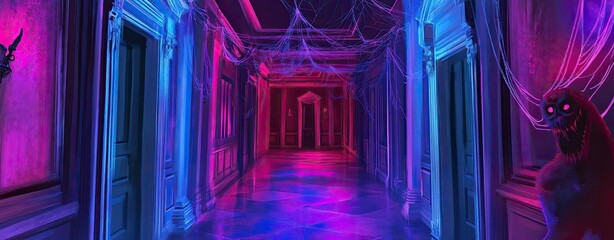 A hallway with a purple and blue light