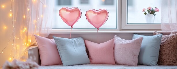 A room with two pink balloons and pink pillows