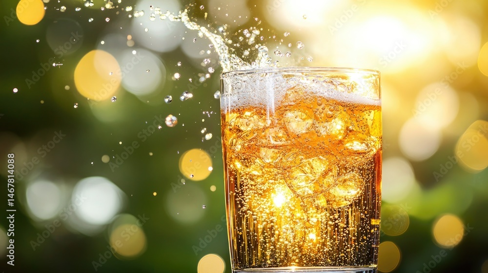 Poster refreshing beverage in glass with ice splash bokeh background