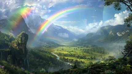 A vibrant rainbow arches over a lush valley landscape with mountains and a clear blue sky above it all
