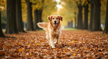 Golden Retriever Running Through Autumn Leaves in Park Scene