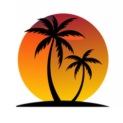 Tropical Sunset Silhouette: The silhouette of two palm trees is dramatically set against a fiery sunset backdrop, capturing the serene beauty of an island paradise. 