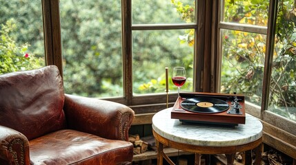 Relaxing at home armchair record player and glass of wine