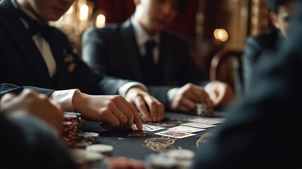 In the house, Asian young men play poker and play a casino card game together.