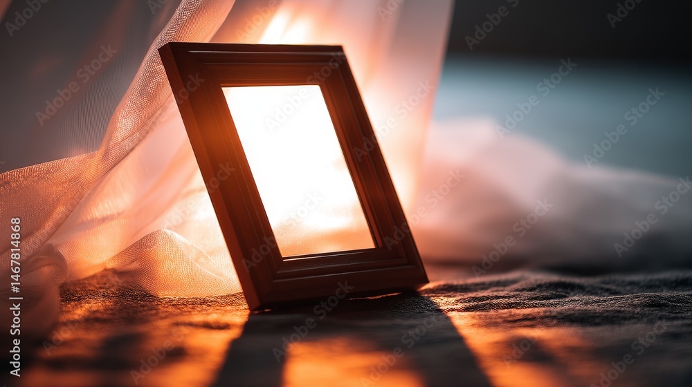 Poster empty frame in warm light - a dark wooden picture frame sits on a textured surface, illuminated from