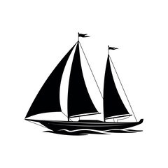 Black and White Silhouette of a Classic Sailing Yacht on the Water