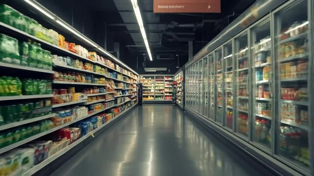 Walking Through Grocery Store Aisle with Shelves and Refrigerators