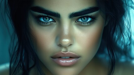portrait showcases person with intense eyes and defined features set against cool backdrop