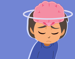 Cartoon illustration of a sad child with a visible brain on their head. Vector drawing metaphor for mental health care and emotional awareness in children