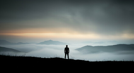 Solitary Figure Against Dramatic Mountain Landscape at Dusk