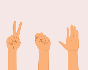 Cartoon illustration showing rock, paper, scissors using three hand gestures. Vector drawing of people playing kids game