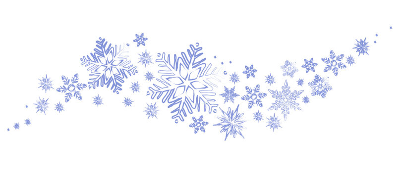 Cartoon illustration of a flowing wave of blue snowflakes on a white background. Winter banner holiday seasonal greeting cards and festive design elements