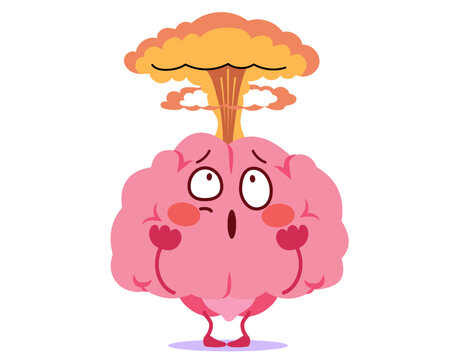 Cartoon illustration of a brain exploding with smoke or fumes from the back. Vector drawing concept of extreme stress, burnout and overwhelmed mental health