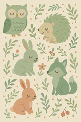 An owl, rabbit, hedgehog, and fox are amidst leaves and flowers
