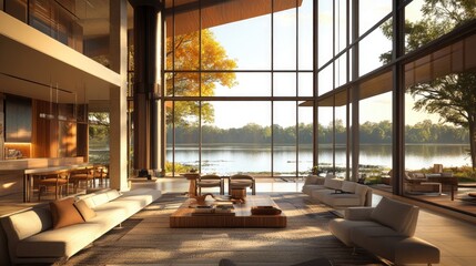 Luxury Lake House Living Room with Panoramic Views