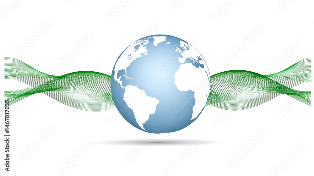Poster global connectivity abstract - abstract of a light blue globe encircled by green flowing waves, symb