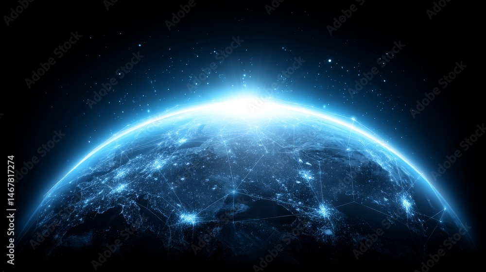 Poster global network connections - illuminated earth showcasing interconnected global communication networ