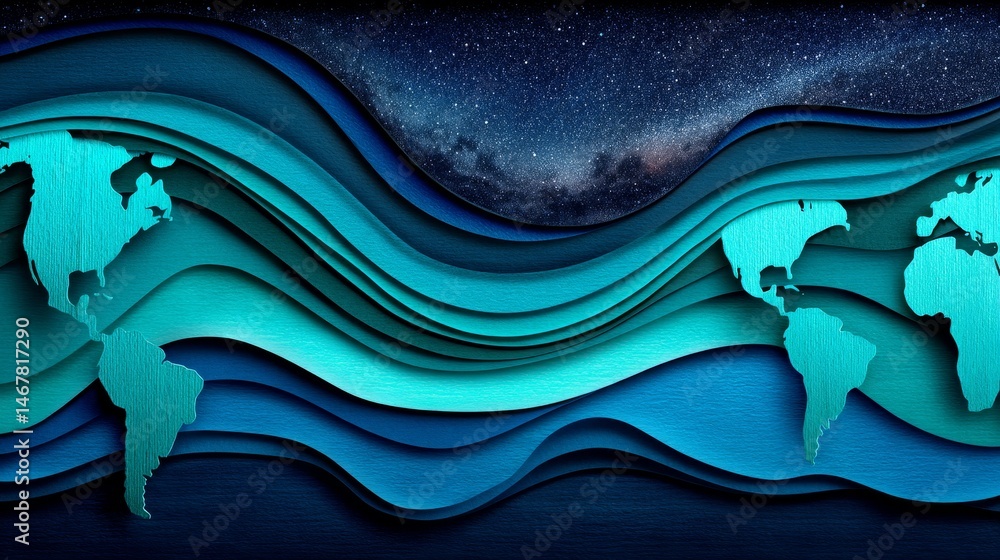 Poster global waves of change - abstract art depicting a world map on stylized ocean waves, set against a s