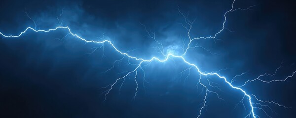 Vivid illustration shows huge bright cyan blue lightning bolt strike against dark night sky. Electrical storm flash during thunderstorm with bright glow. Energy, power concept.