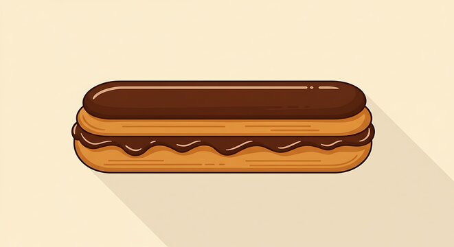 Flat design of chocolate &eacute;clair, golden pastry lines with dark brown filling detail, soft shadow effect&quot
