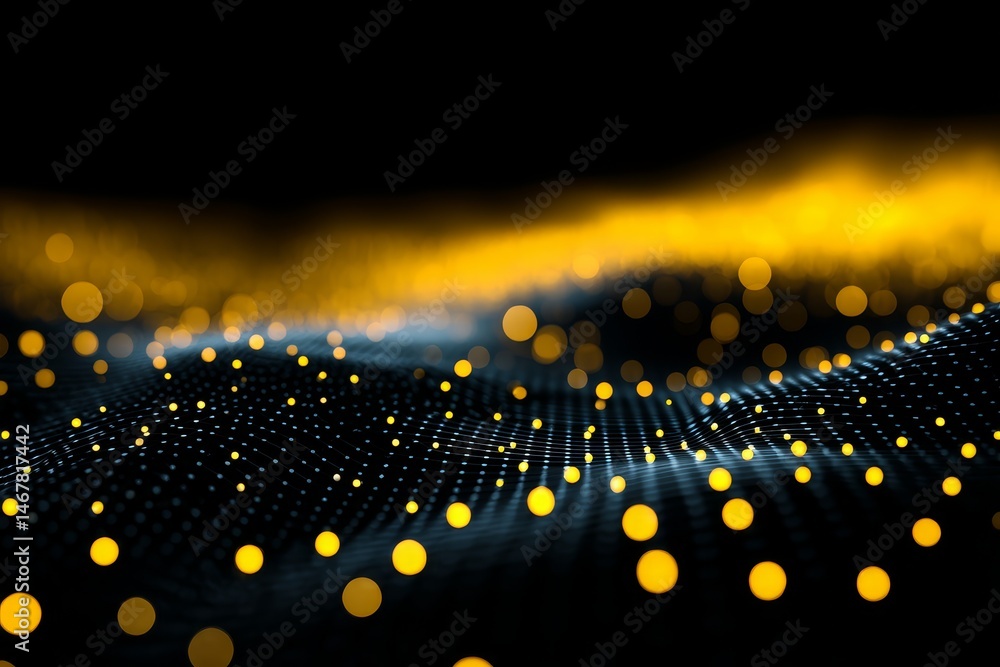 Fototapete Golden Data Stream - Abstract of a flowing data stream with golden particles on a dark background. Ideal for technology, AI, and concepts