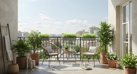 Modern Balcony with Greenery and Cozy Seating for Relaxation