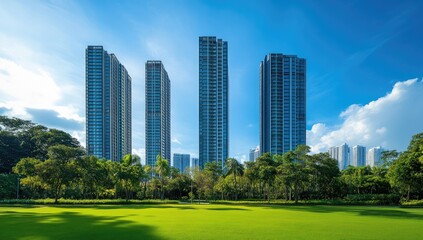 Fototapeta premium Modern high-rise buildings stand tall amidst a lush park, bathed in sunlight