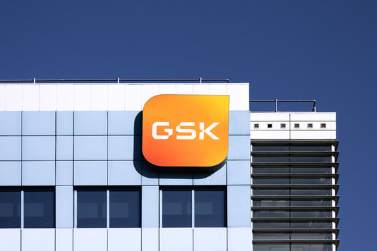 Poznan, Poland - May 6, 2025: GSK plc logo on an office block. GSK, also known as GlaxoSmithKline, is a British multinational pharmaceutical company.