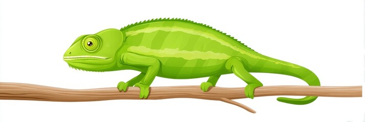 Obraz premium Green Chameleon on Branch - A vibrant green chameleon rests on a light brown branch against a white background. Perfect for nature, wildlife, or reptile themed projects