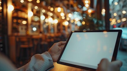 Person using a tablet in a cafe at night