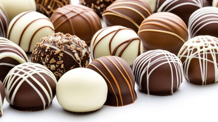 Assorted chocolate truffles with various toppings and drizzles on white background tempting and delightful