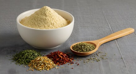 Still life of spices with powder in a bowl and herbs in a spoon on gray surface