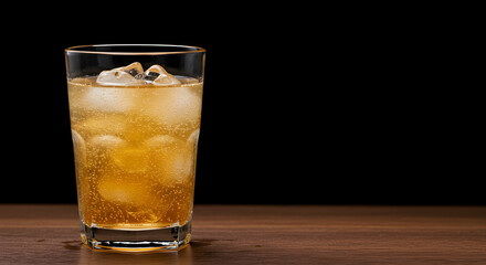 Refreshing Sparkling Beverage in Glass with Ice Cubes on Wooden Surface