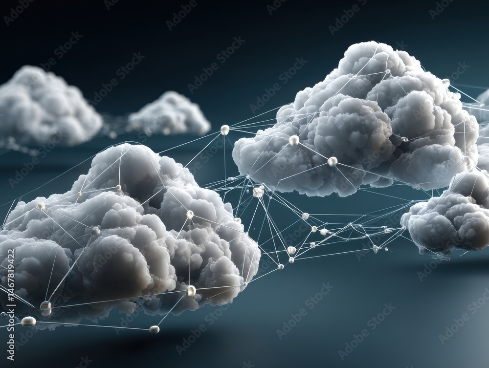 Fototapete Abstract Representation of Clouds Connected by Network Lines in a Dark Background
