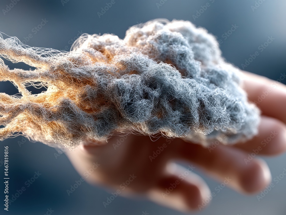 Poster close-up of a hand holding a soft, textured cloud-like object