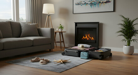 Cozy Living Room with Luggage, Chair, Lamp, and Fireplace Scene