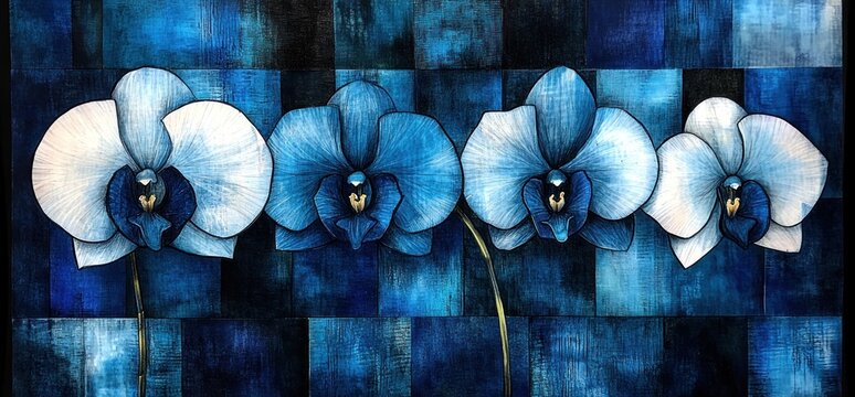 Blue orchids against a blue geometric background; nature art for home decor