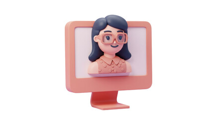 Isolated Cartoon Woman in Video Call on Computer Screen