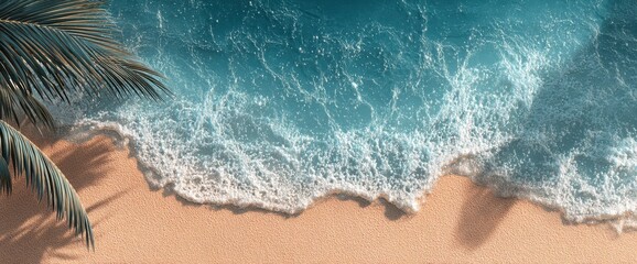 Obraz premium Soft waves caress the sandy shore, palm fronds casting shadows on the beach.