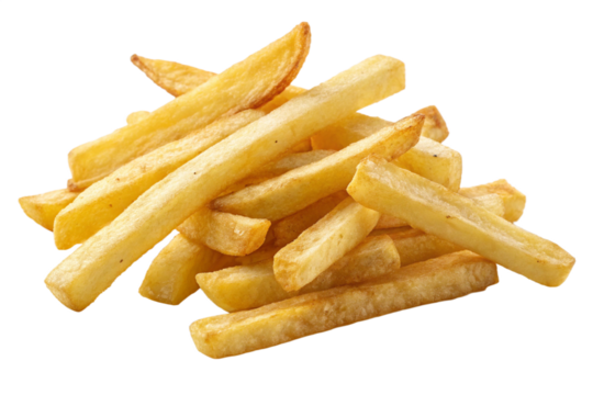 Crispy French fries in a top-down view, golden and inviting, isolated on a transparent background, ideal for food and snack-related themes.