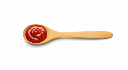 Wooden Spoon with Ketchup Isolated on White Background