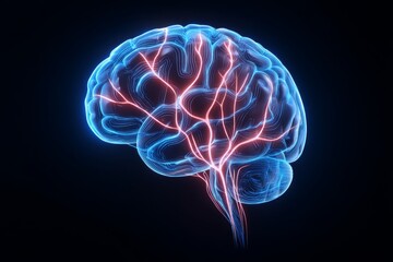 Human Brain 3D Illustration Neuronal Network - 3D model of human brain, highlighting neural pathways, symbolizing intelligence, memory, consciousness, cognition, and learning