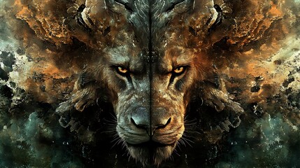 Powerful lion portrait with glowing eyes and intense lighting effects captured in close-up photo