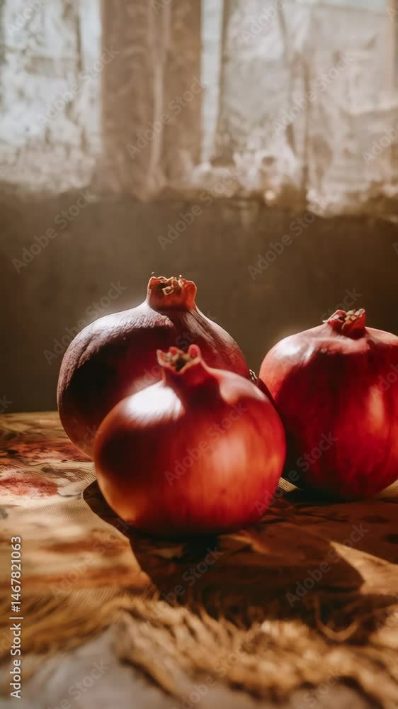 Poster dramatic still life composition of three pomegranates on a rustic fringe tablecloth with vase and wi